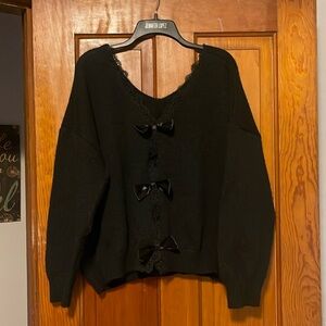 SHEIN Black V-Neck Sweater with Bow Accents